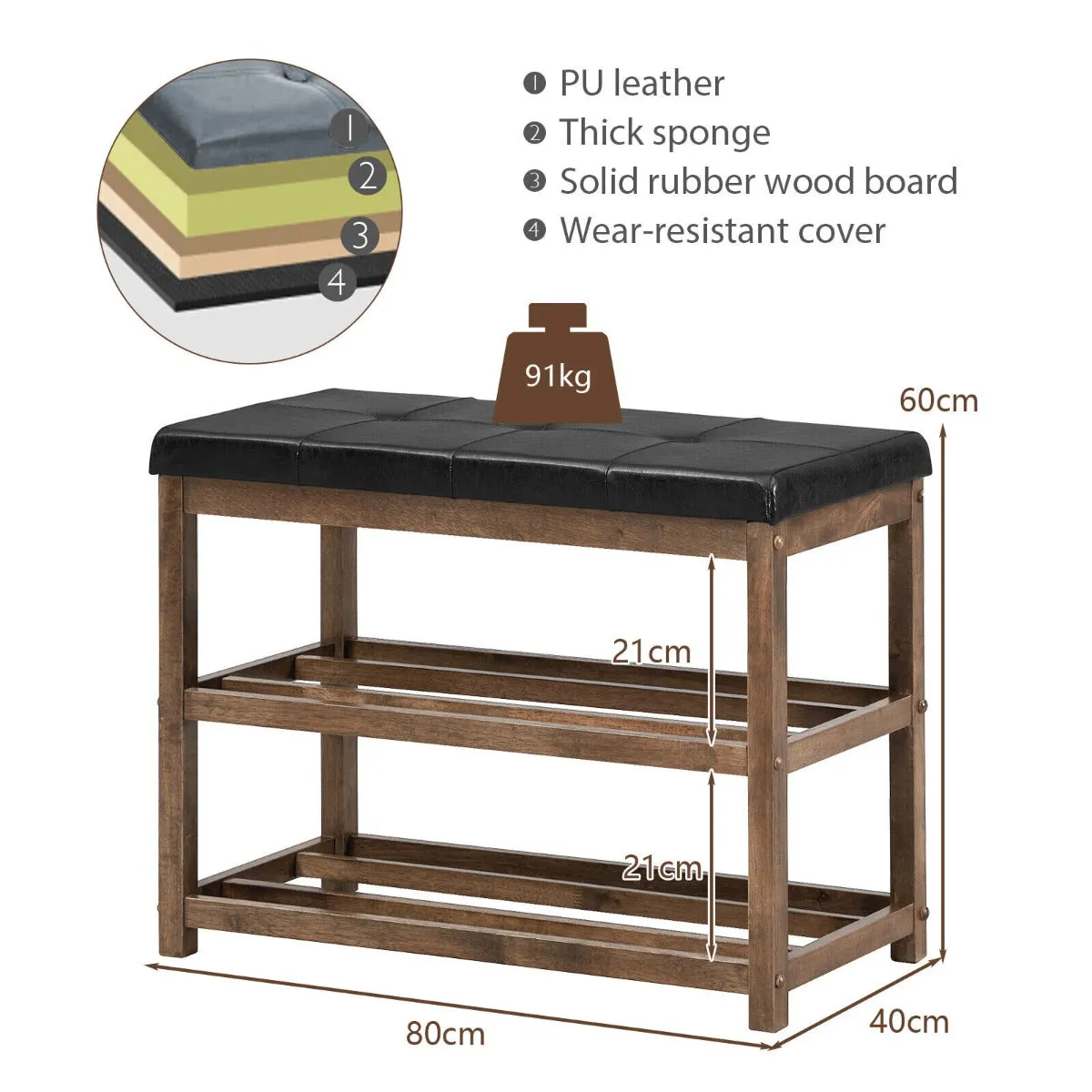 3 Tiers Shoe Storage Bench with Cushioned Seat