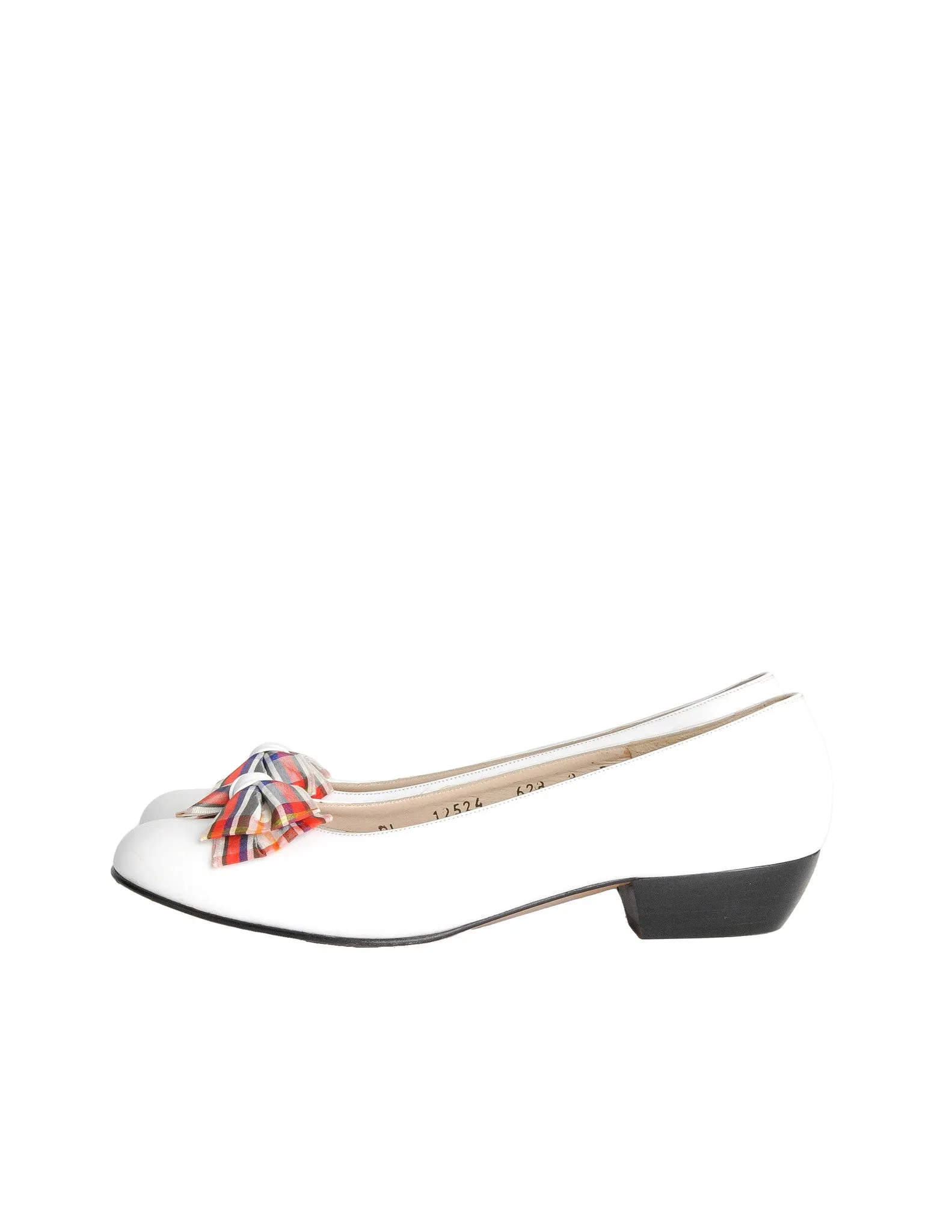 Ferragamo Vintage White and Plaid Bow Front Pump Shoes