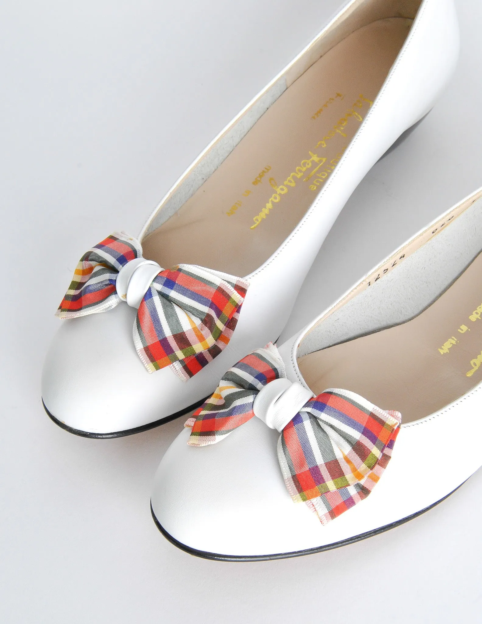 Ferragamo Vintage White and Plaid Bow Front Pump Shoes