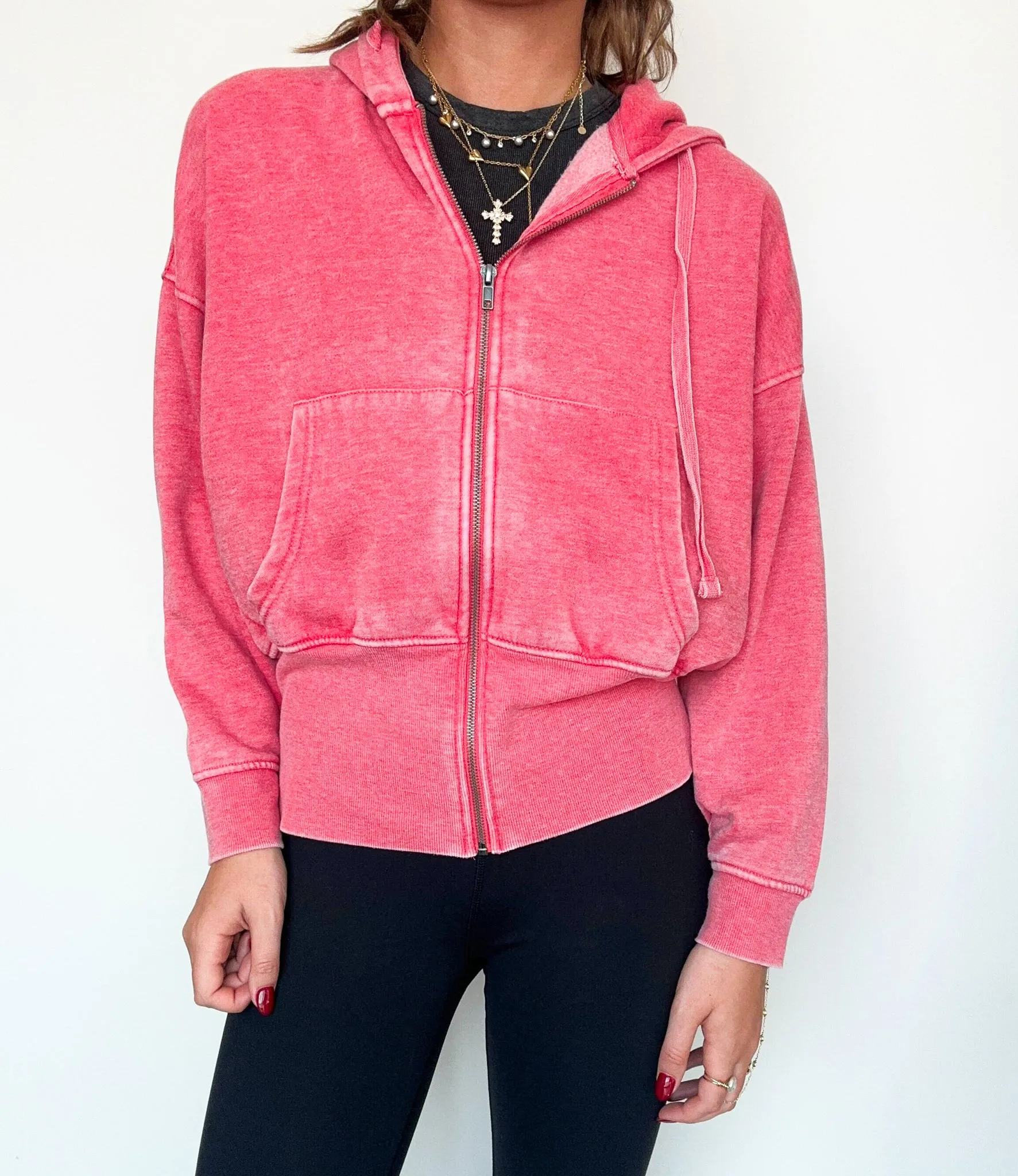 Fleece Zip Up Hoodie- Cherry