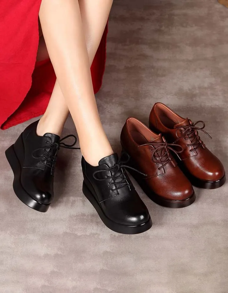 Genuine Leather Lace Up Wedge Shoes