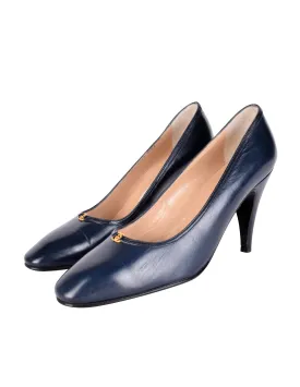 Gucci Vintage AW 1985 Navy Blue Leather Golden Logo Heels