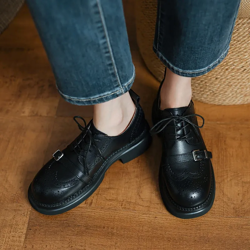 Handmade Genuine Leather 50mm Platform Brogue Oxford Shoes Round Toe in Brown/Black