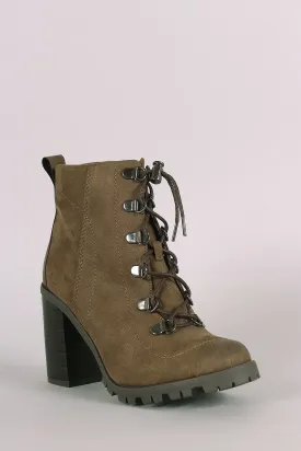 Qupid Lace Up Lug Sole Chunky Heeled Booties