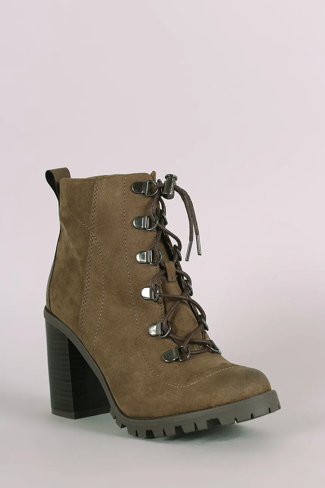 Qupid Lace Up Lug Sole Chunky Heeled Booties