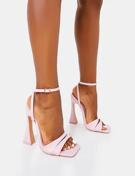 Saintly Wide Fit Baby Pink Pu Wrap Around the Ankle Barley There Square Toe Flared Block High Heels