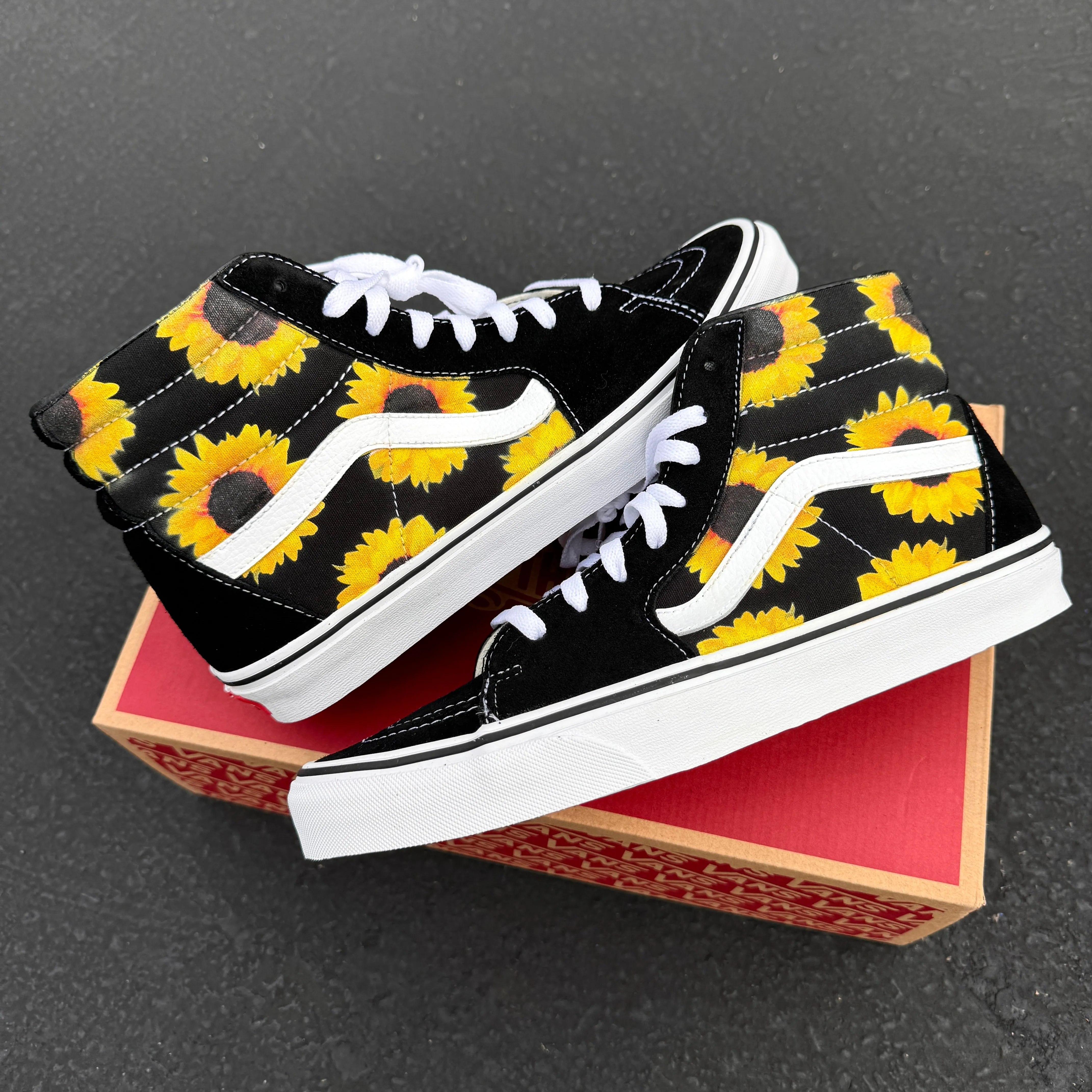 Sunflowers on Black Vans Sk8-Hi Shoes