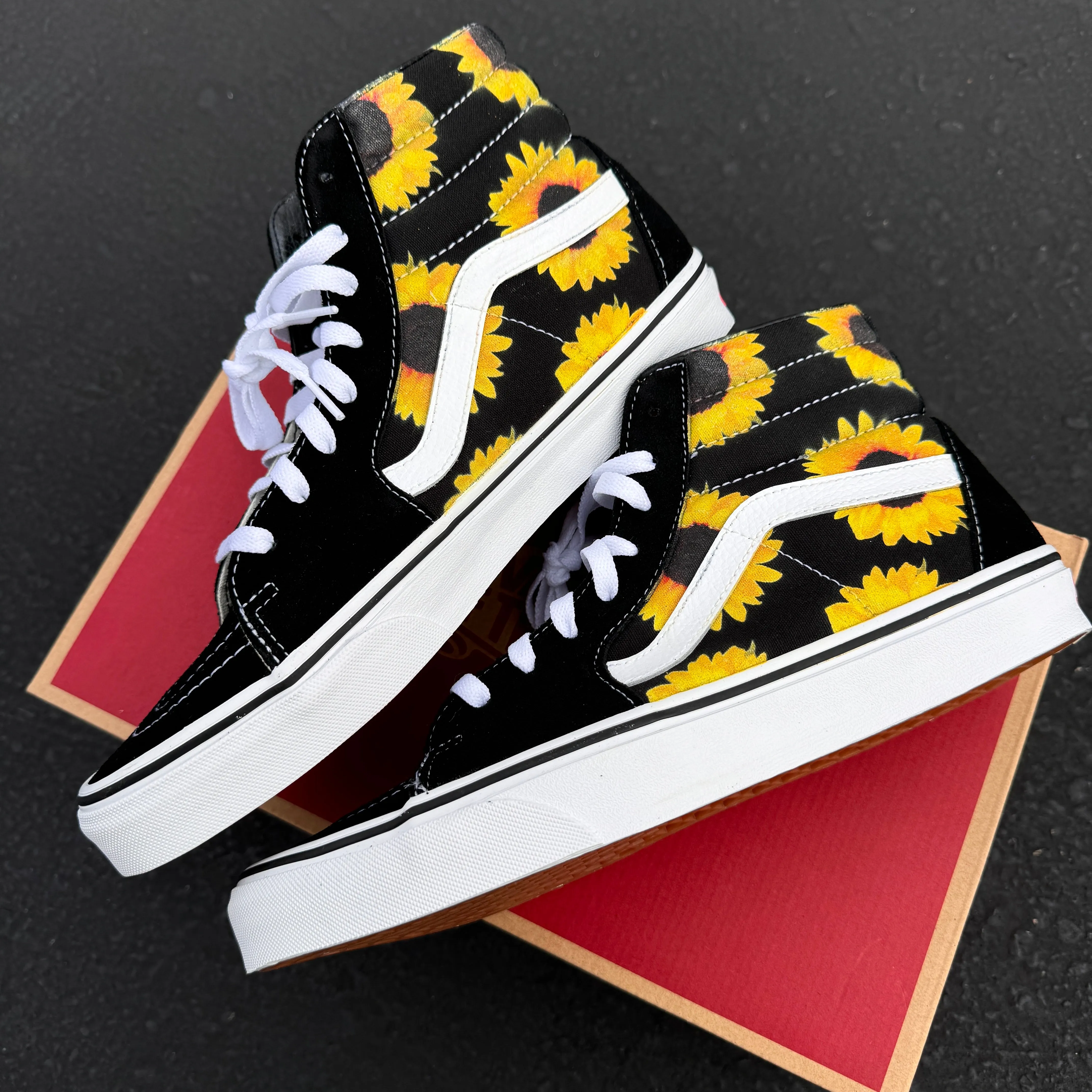 Sunflowers on Black Vans Sk8-Hi Shoes