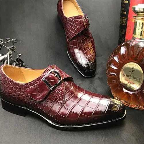 Tailor Made Handmade Crocodile Print Red Leather Monk Strap Men's Shoes