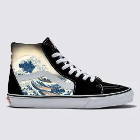 The Great Wave on  Black Vans Sk8-Hi Shoes